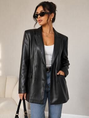 Primark Black Faux Leather Double Breasted Longline Blazer Jacket Size 10